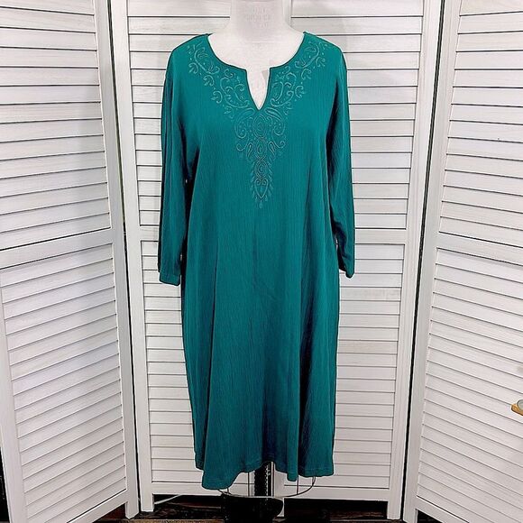 Woman Within Swing Dress 1X Gauzey Embroidered Teal - Picture 2 of 13